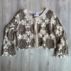 Brand Bazar Cream Ivory & Brown Crochet Boho Cropped Cardigan Sweater SM - MED